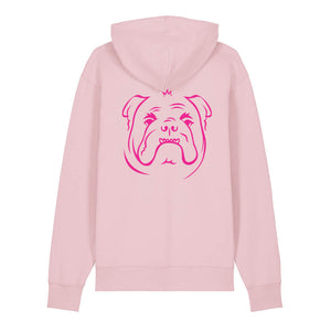 Magenta outline illustration of the head of an English Bulldog on the back of a cotton pink unisex Hoodie