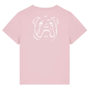 White outline illustration of the head of a English Bulldog on the back of a  cotton pink ladies t-shirt