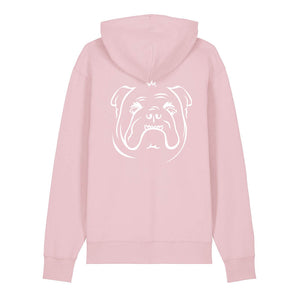 White outline illustration of the head of an English Bulldog on the back of a cotton pink unisex Hoodie