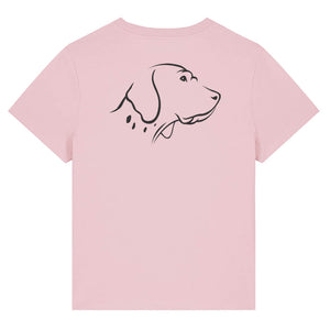 Black outline illustration of the head of an English Pointer on the back of a cotton pink ladies t-shirt