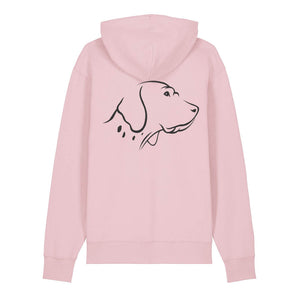 Black outline illustration of the head of an English Pointer on the back of a cotton pink unisex Hoodie