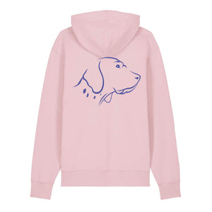 Blue outline illustration of the head of an English Pointer on the back of a cotton pink unisex Hoodie