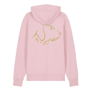 Gold outline illustration of the head of an English Pointer on the back of a cotton pink unisex Hoodie