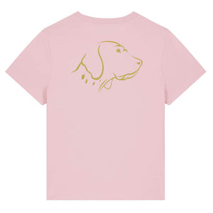 Gold outline illustration of the head of an English Pointer on the back of a cotton pink ladies t-shirt
