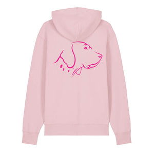 Magenta outline illustration of the head of an English Pointer on the back of a cotton pink unisex Hoodie