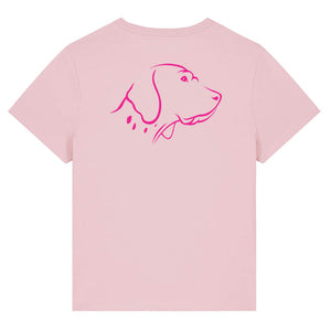 Magenta outline illustration of the head of an English Pointer on the back of a cotton pink ladies t-shirt