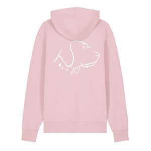 White outline illustration of the head of an English Pointer on the back of a cotton pink unisex Hoodie