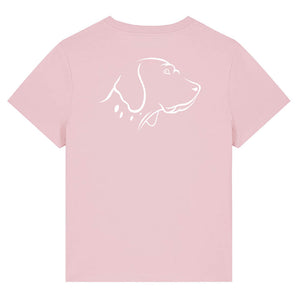 White outline illustration of the head of an English Pointer on the back of a cotton pink ladies t-shirt