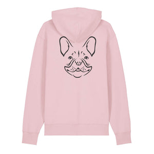 Black outline illustration of the head of a French Bulldog on the back of a cotton pink unisex Hoodie