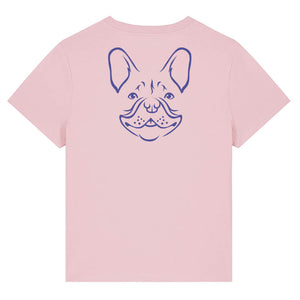 Blue outline illustration of the head of a French Bulldog on the back of a cotton pink ladies t-shirt