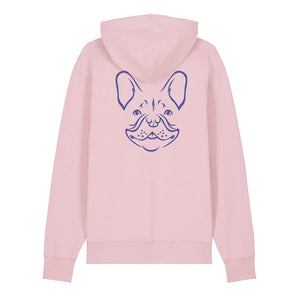 Blue outline illustration of the head of a French Bulldog on the back of a cotton pink unisex Hoodie