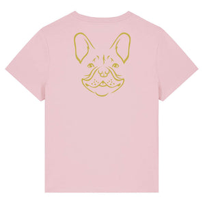 Gold outline illustration of the head of a French Bulldog on the back of a cotton pink ladies t-shirt