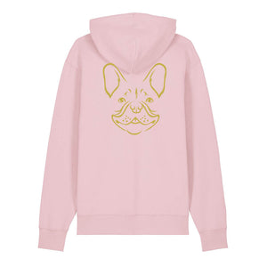 Gold outline illustration of the head of a French Bulldog on the back of a cotton pink unisex Hoodie