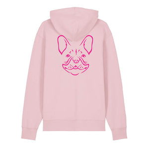 Magenta outline illustration of the head of a French Bulldog on the back of a cotton pink unisex Hoodie