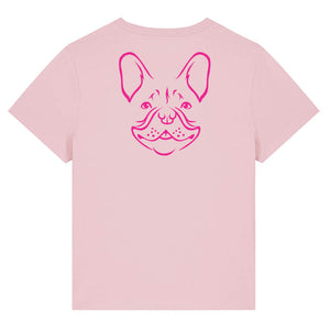 Magenta outline illustration of the head of a French Bulldog on the back of a cotton pink ladies t-shirt