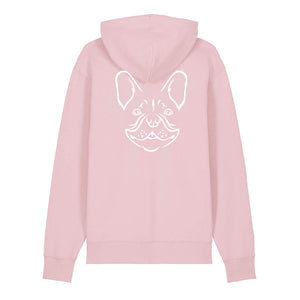 White outline illustration of the head of a French Bulldog on the back of a cotton pink unisex Hoodie