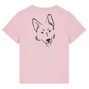 Black outline illustration of the head of a German Shepherd on the back of a cotton pink ladies t-shirt