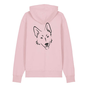 Black outline illustration of the head of a German Shepherd on the back of a cotton pink unisex Hoodie