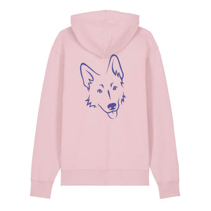 Blue outline illustration of the head of a German Shepherd on the back of a cotton pink unisex Hoodie