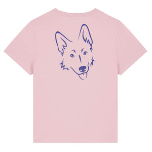 Blue outline illustration of the head of a German Shepherd on the back of a cotton pink ladies t-shirt