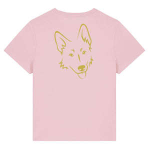 Gold outline illustration of the head of a German Shepherd on the back of a cotton pink ladies t-shirt