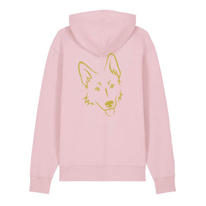 Gold outline illustration of the head of a German Shepherd on the back of a cotton pink unisex Hoodie