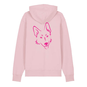 Magenta outline illustration of the head of a German Shepherd on the back of a cotton pink unisex Hoodie