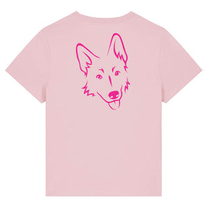 Magenta outline illustration of the head of a German Shepherd on the back of a cotton pink ladies t-shirt