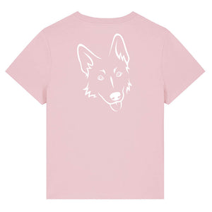 White outline illustration of the head of a German Shepherd on the back of a cotton pink ladies t-shirt
