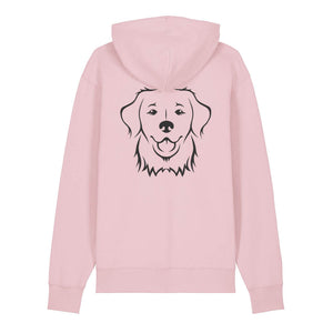 Black outline illustration of the head of a Golden Retriever on the back of a cotton pink unisex Hoodie