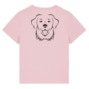 Black outline illustration of the head of a Golden Retriever on the back of a cotton pink ladies t-shirt