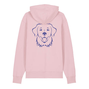 Blue outline illustration of the head of a Golden Retriever on the back of a cotton pink unisex Hoodie