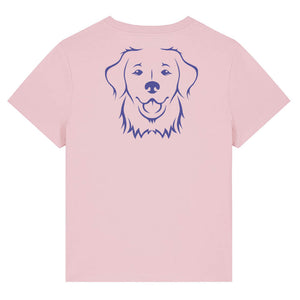 Blue outline illustration of the head of a Golden Retriever on the back of a cotton pink ladies t-shirt