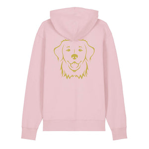 Gold outline illustration of the head of a Golden Retriever on the back of a cotton pink unisex Hoodie