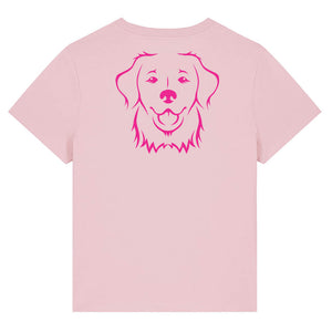 Magenta outline illustration of the head of a Golden Retriever on the back of a cotton pink ladies t-shirt