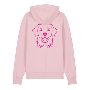 Magenta outline illustration of the head of a Golden Retriever on the back of a cotton pink unisex Hoodie