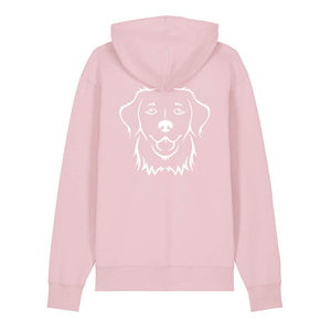 White outline illustration of the head of a Golden Retriever on the back of a cotton pink unisex Hoodie