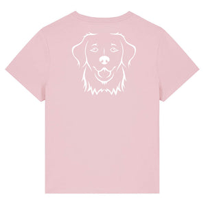 White outline illustration of the head of a Golden Retriever on the back of a cotton pink ladies t-shirt