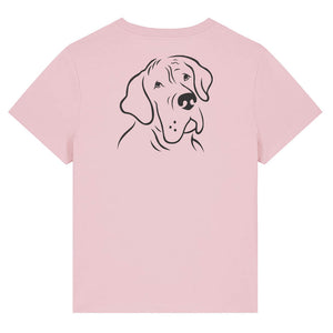 Black outline illustration of the head of a Great Dane on the back of a cotton pink ladies t-shirt