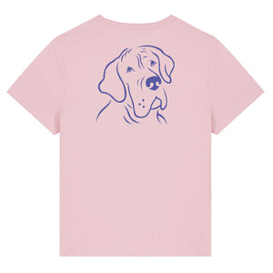Blue outline illustration of the head of a Great Dane on the back of a cotton pink ladies t-shirt