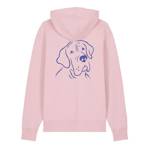 Blue outline illustration of the head of a Great Dane on the back of a cotton pink unisex Hoodie