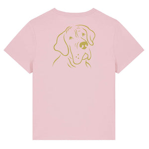 Gold outline illustration of the head of a Great Dane on the back of a cotton pink ladies t-shirt