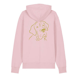 Gold outline illustration of the head of a Great Dane on the back of a cotton pink unisex Hoodie