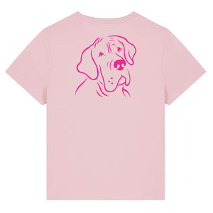 Magenta outline illustration of the head of a Great Dane on the back of a cotton pink ladies t-shirt