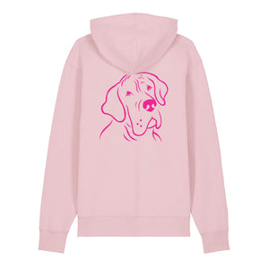 Magenta outline illustration of the head of a Great Dane on the back of a cotton pink unisex Hoodie