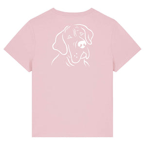White outline illustration of the head of a Great Dane on the back of a cotton pink ladies t-shirt