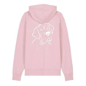 White outline illustration of the head of a Great Dane on the back of a cotton pink unisex Hoodie