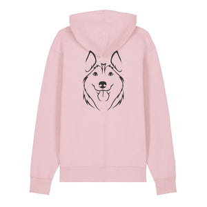 Black outline illustration of the head of a Husky on the back of a cotton pink unisex Hoodie