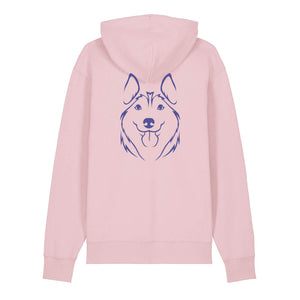 Blue outline illustration of the head of a Husky on the back of a cotton pink unisex Hoodie