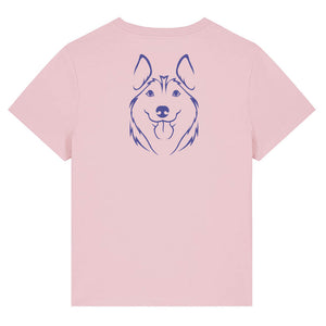 Blue outline illustration of the head of a Husky on the back of a cotton pink ladies t-shirt
